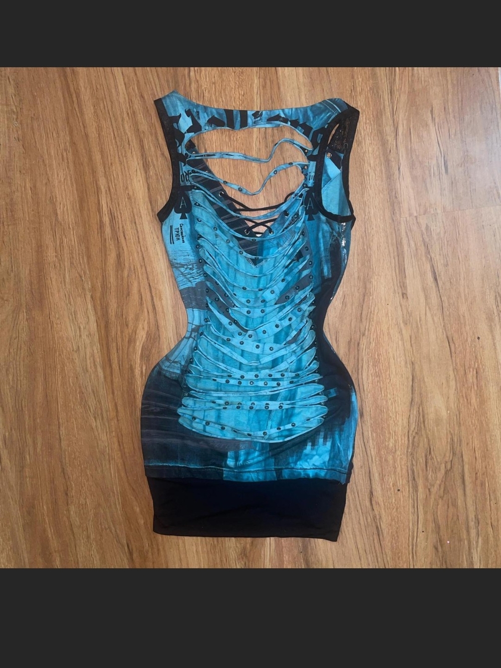 Salvage Vnt Sleeveless Teal Lace-Up Mini Dress With Mesh Cutout On Back So HOT! - Picture 2 of 8